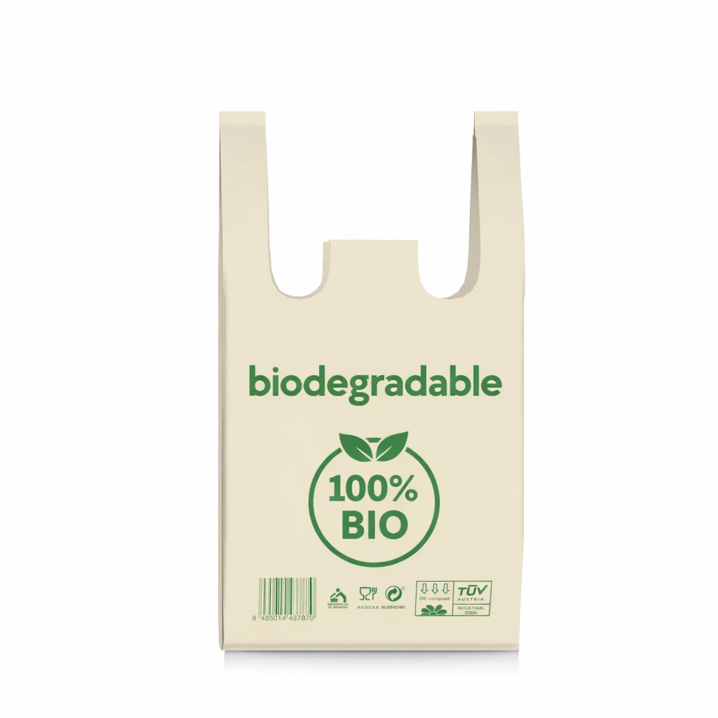 Bolsa biodegradable personalizada 100% bio tipo camiseta con impresión ecológica para empresas y comercios